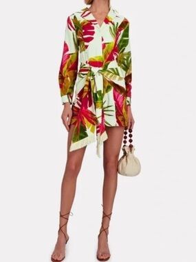 Farm Rio Spring Forest Tropical Vacation Linen Blend Wrap Dress Size SMALL